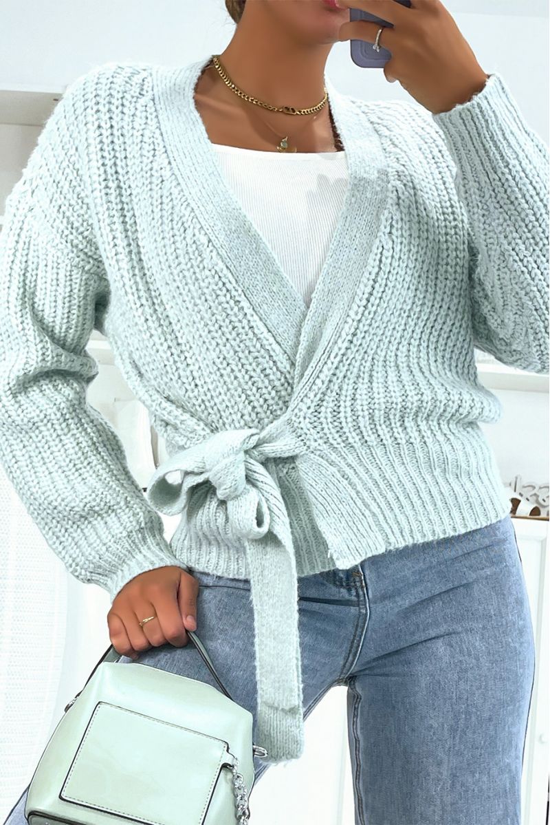 Warm sky blue wrap-over top in chunky knit with puffed sleeves - 1