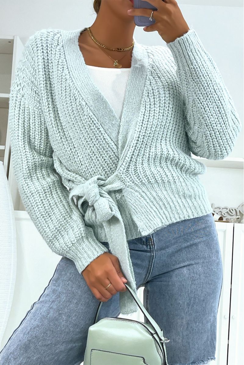 Warm sky blue wrap-over top in chunky knit with puffed sleeves - 2