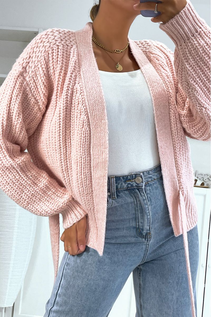 Warm light pink wrap-over top in chunky knit with puffed sleeves - 1