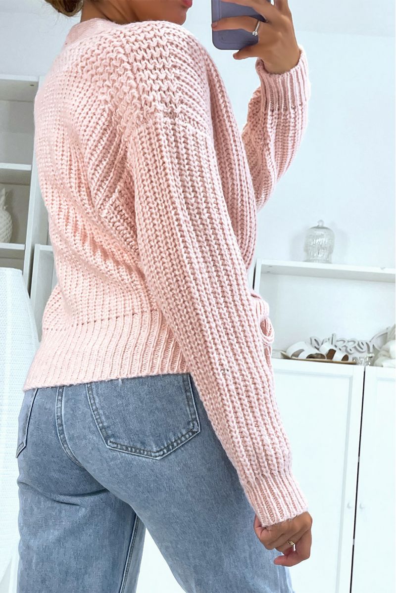 Warm light pink wrap-over top in chunky knit with puffed sleeves - 4