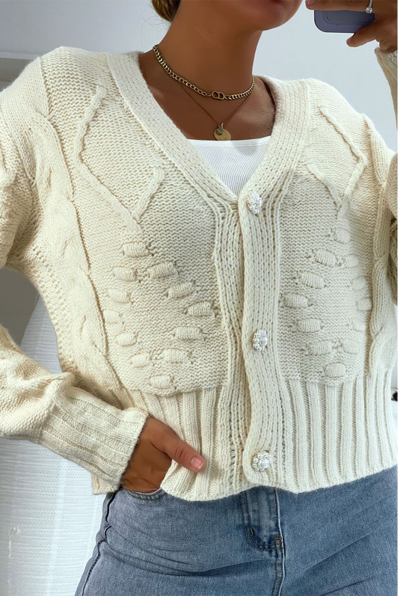 Short beige mesh-effect V-neck long-sleeved cardigan with pearl buttons and embossed pattern - 1