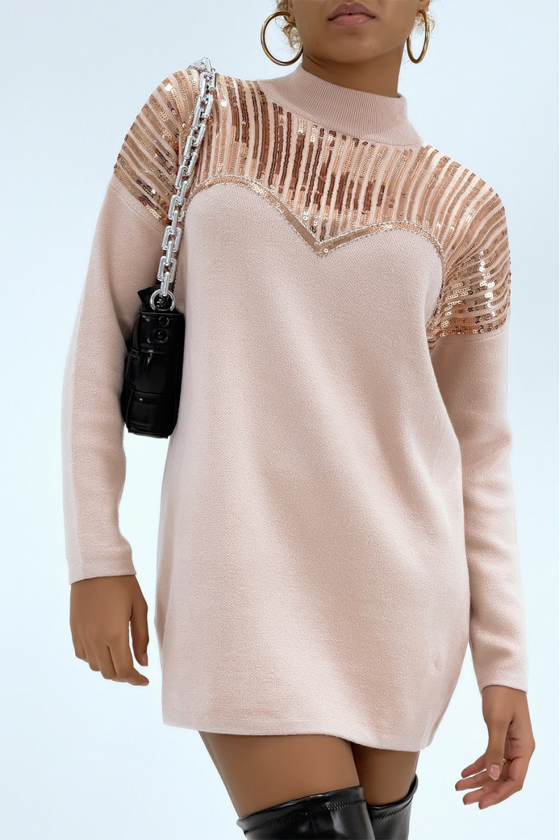 Long pink sweater with rhinestones on the bustier-effect collar - 4