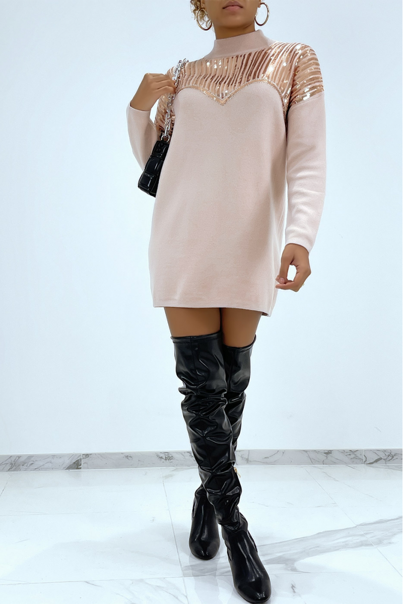 Long pink sweater with rhinestones on the bustier-effect collar - 9