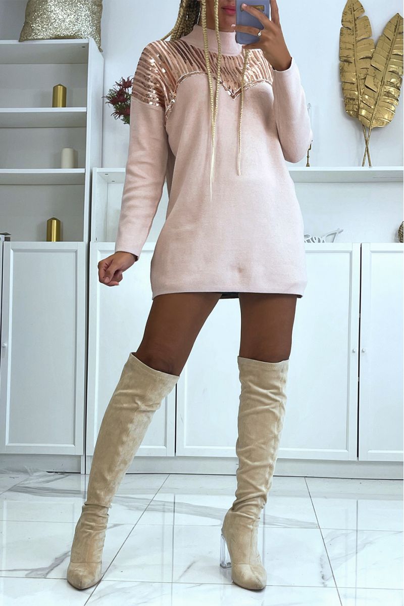 Long pink sweater with rhinestones on the bustier-effect collar - 2