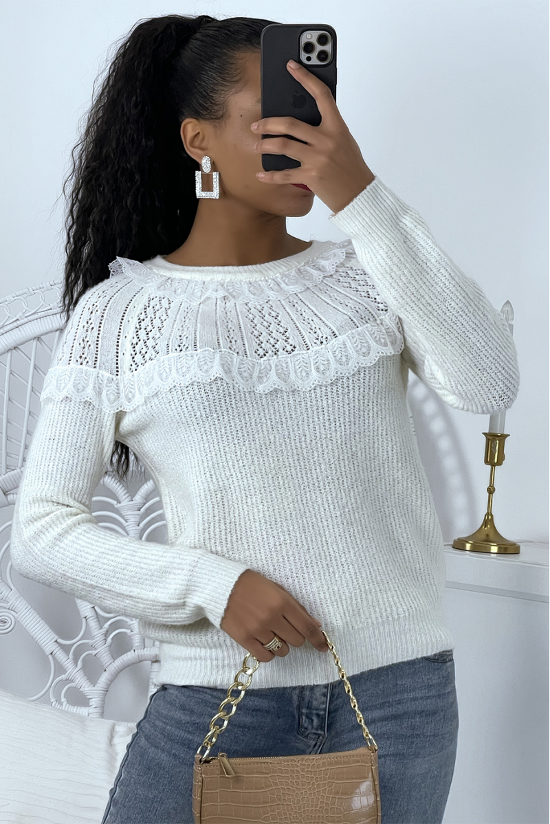 White sweater with round neck and ruffles classic vintage style - 1