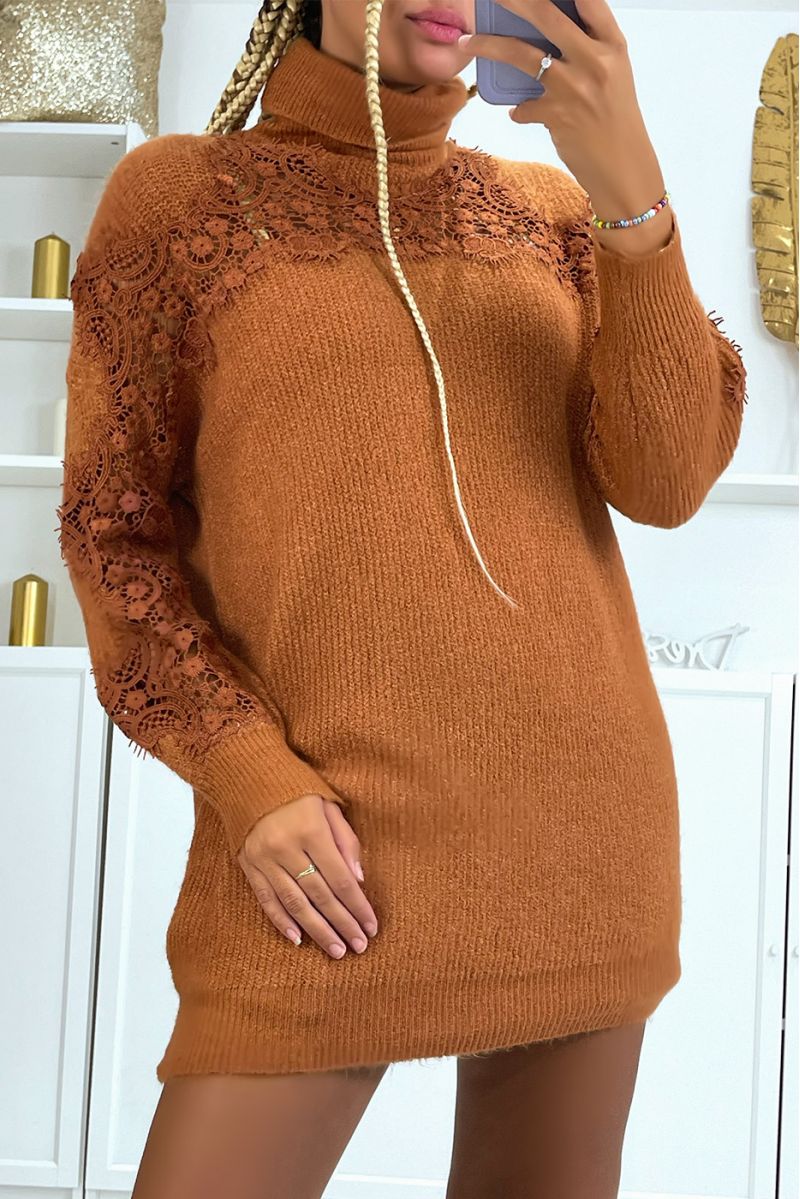Long camel turtleneck sweater with openwork embroidery details - 2