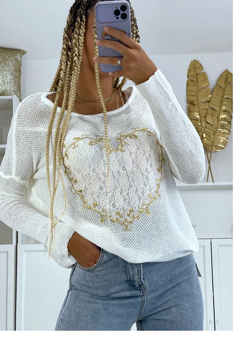 White sweater with heart motif in lace and embroidery - 1