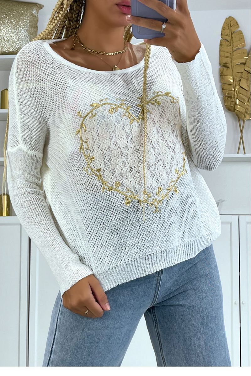 Witte sweater met hartmotief in kant en borduursels - 2