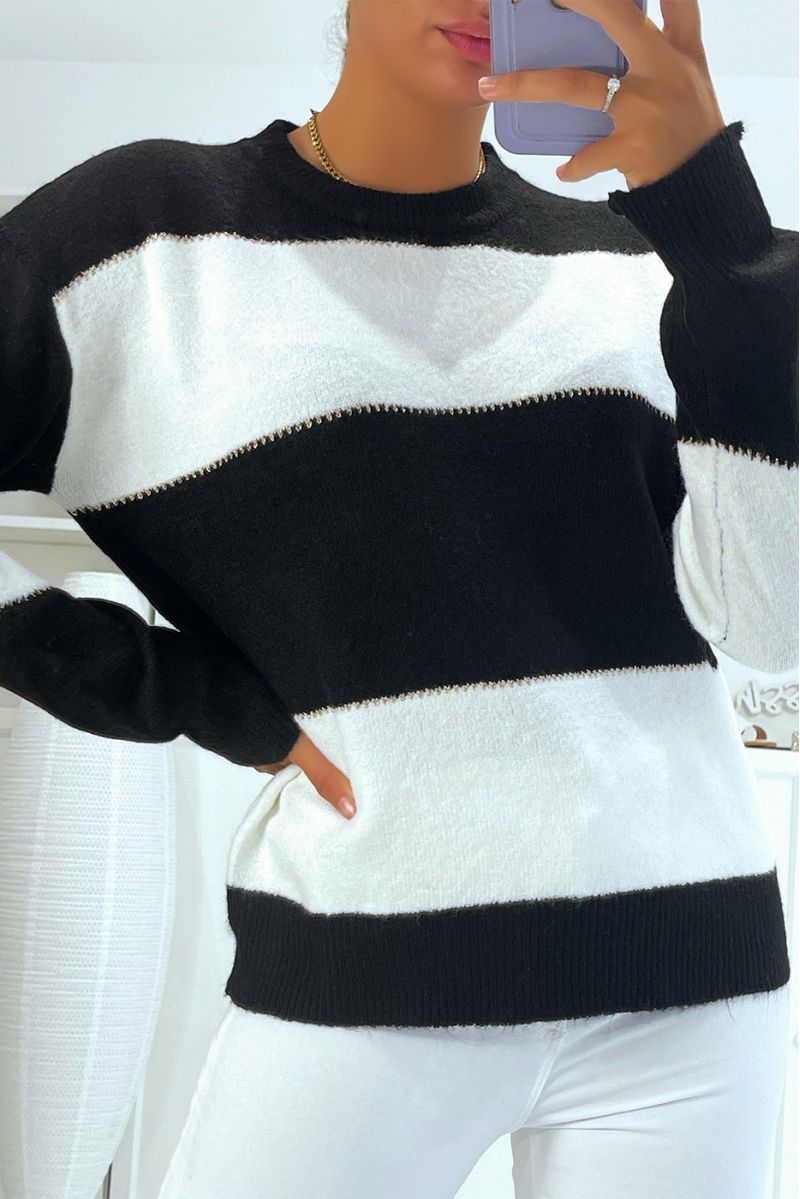 Zwart-wit pluizige drop sweater met ronde hals - 1