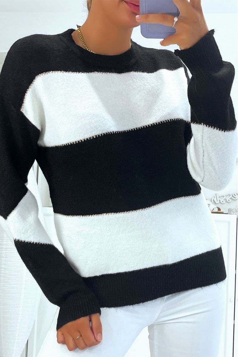 Zwart-wit pluizige drop sweater met ronde hals - 2