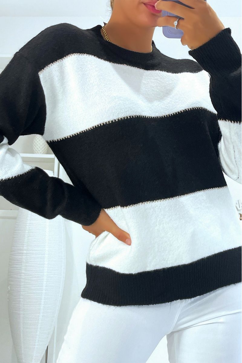 Zwart-wit pluizige drop sweater met ronde hals - 3