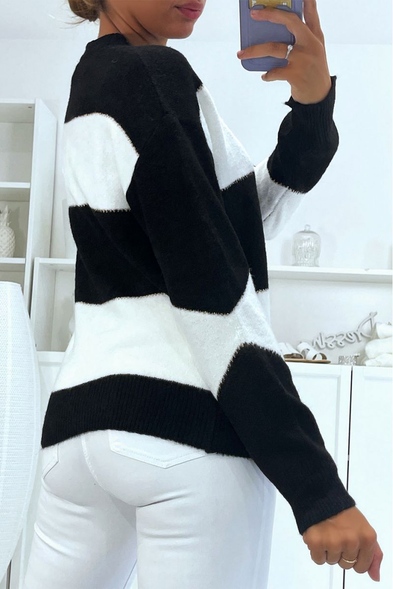 Zwart-wit pluizige drop sweater met ronde hals - 4