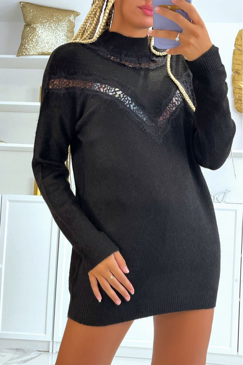 Long black lace V-pattern sweater - 2
