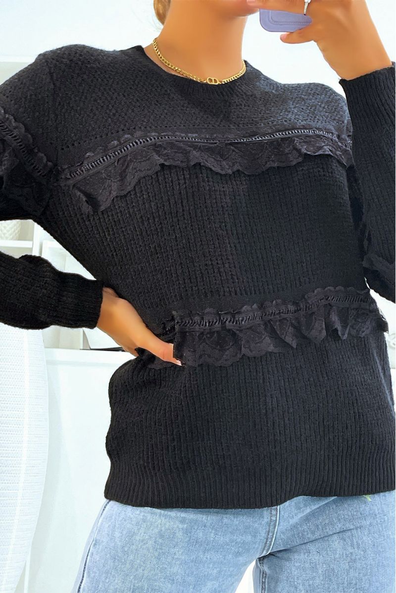 Black round-neck sweater with openwork ruffle details - 1