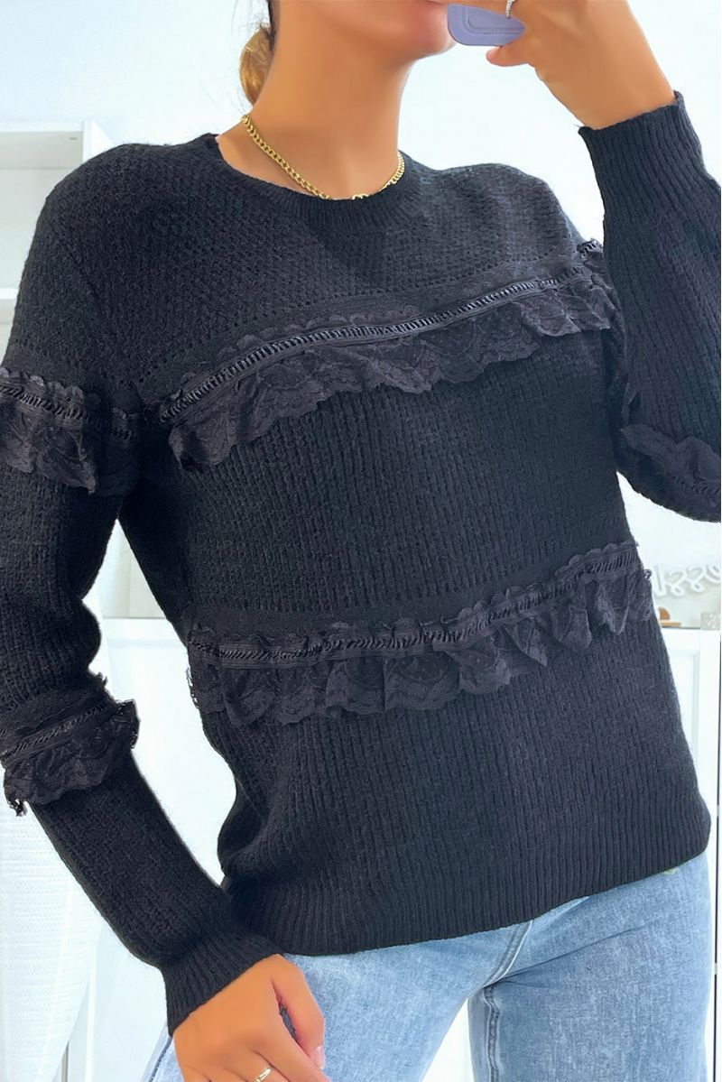 Black round-neck sweater with openwork ruffle details - 2