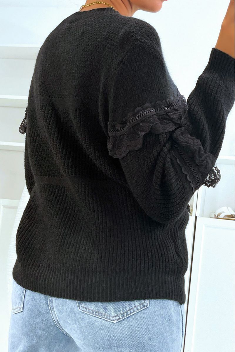 Black round-neck sweater with openwork ruffle details - 3