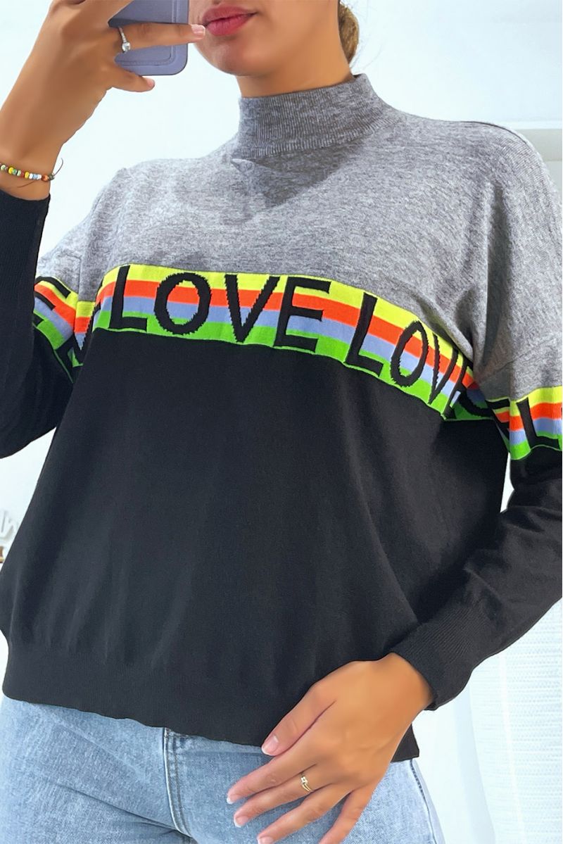 Gray sweater with high neck and LOVE lettering - 1
