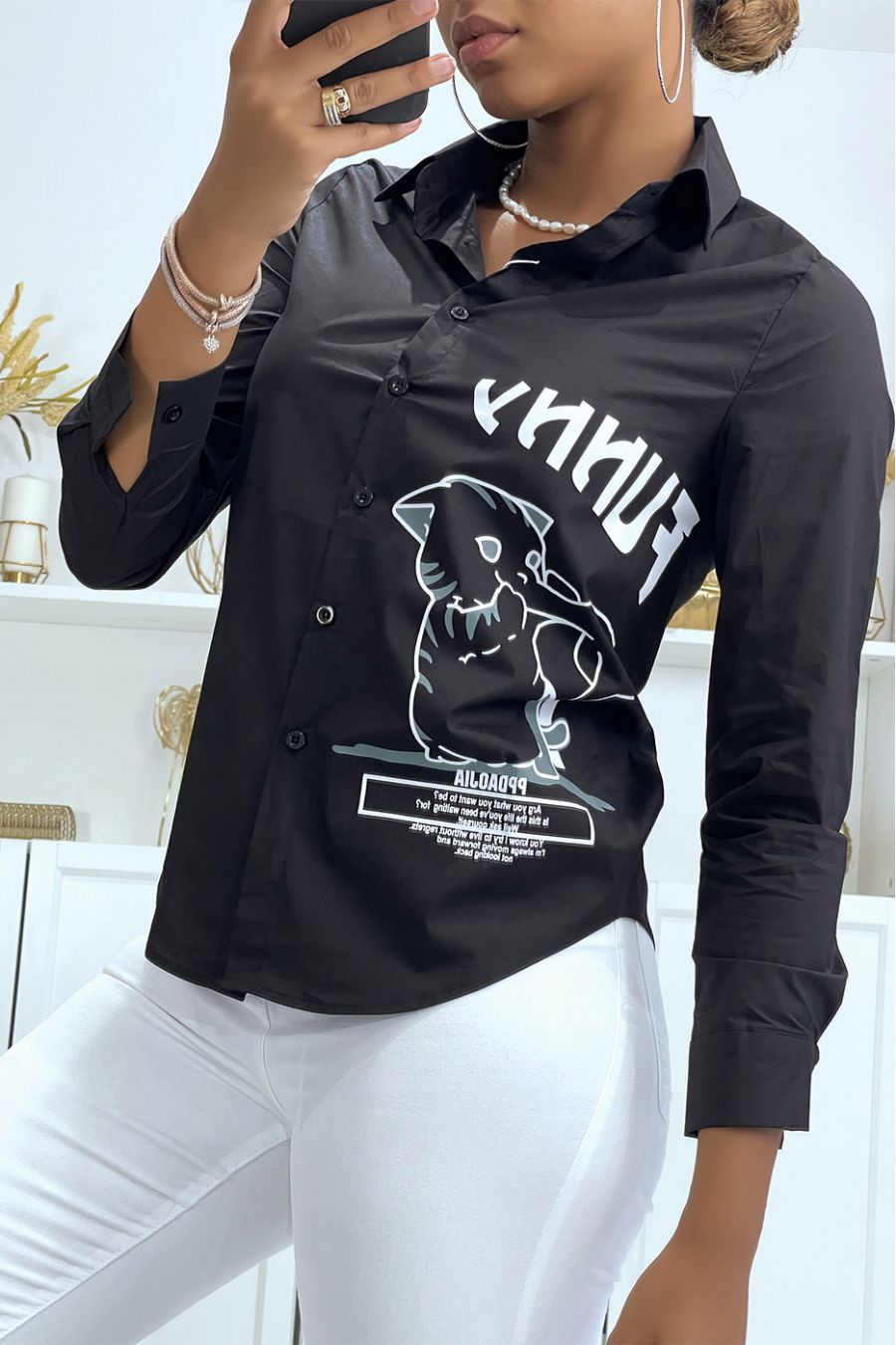 Chemise noir manches longues avec dessin et inscripstion