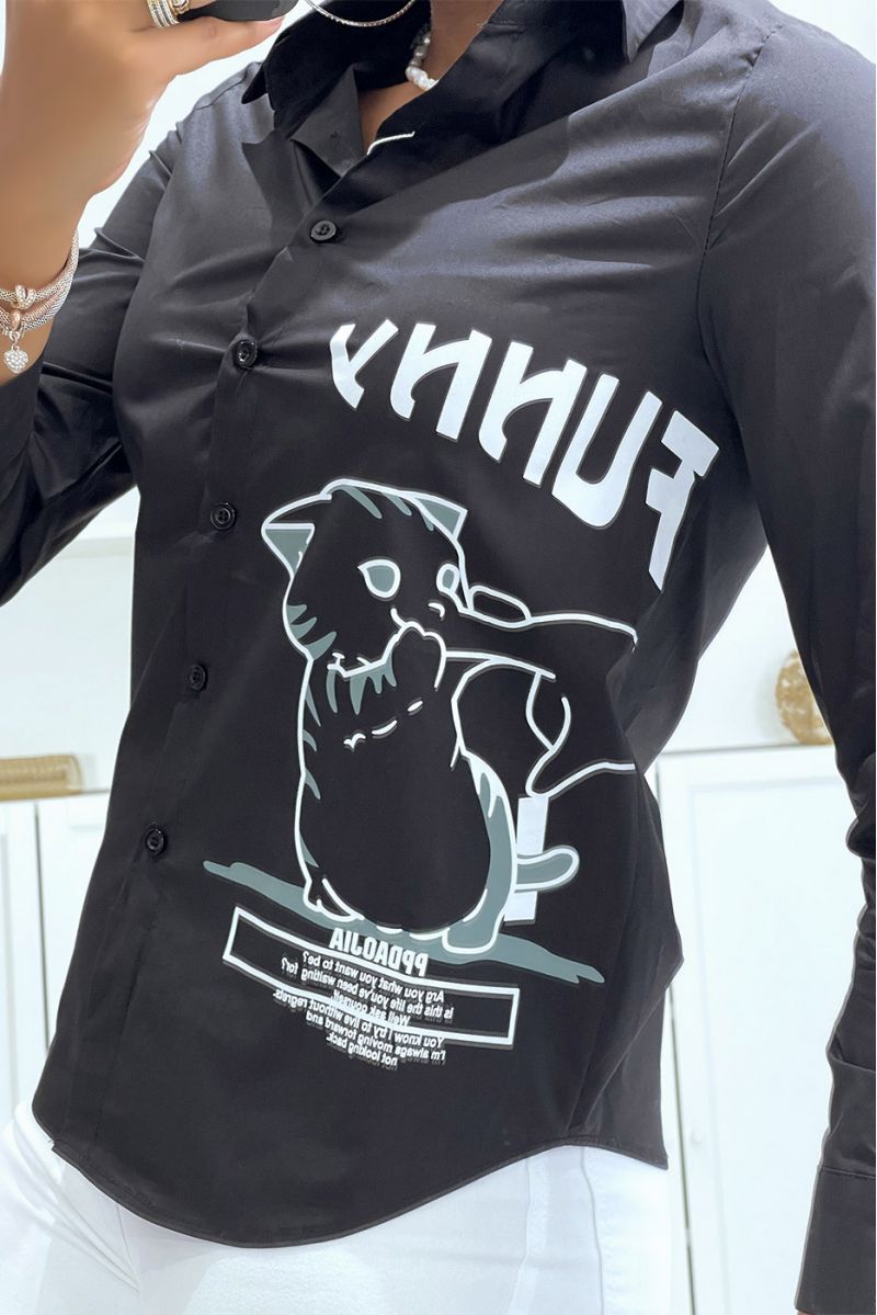 Chemise noir manches longues avec dessin et inscripstion - 3