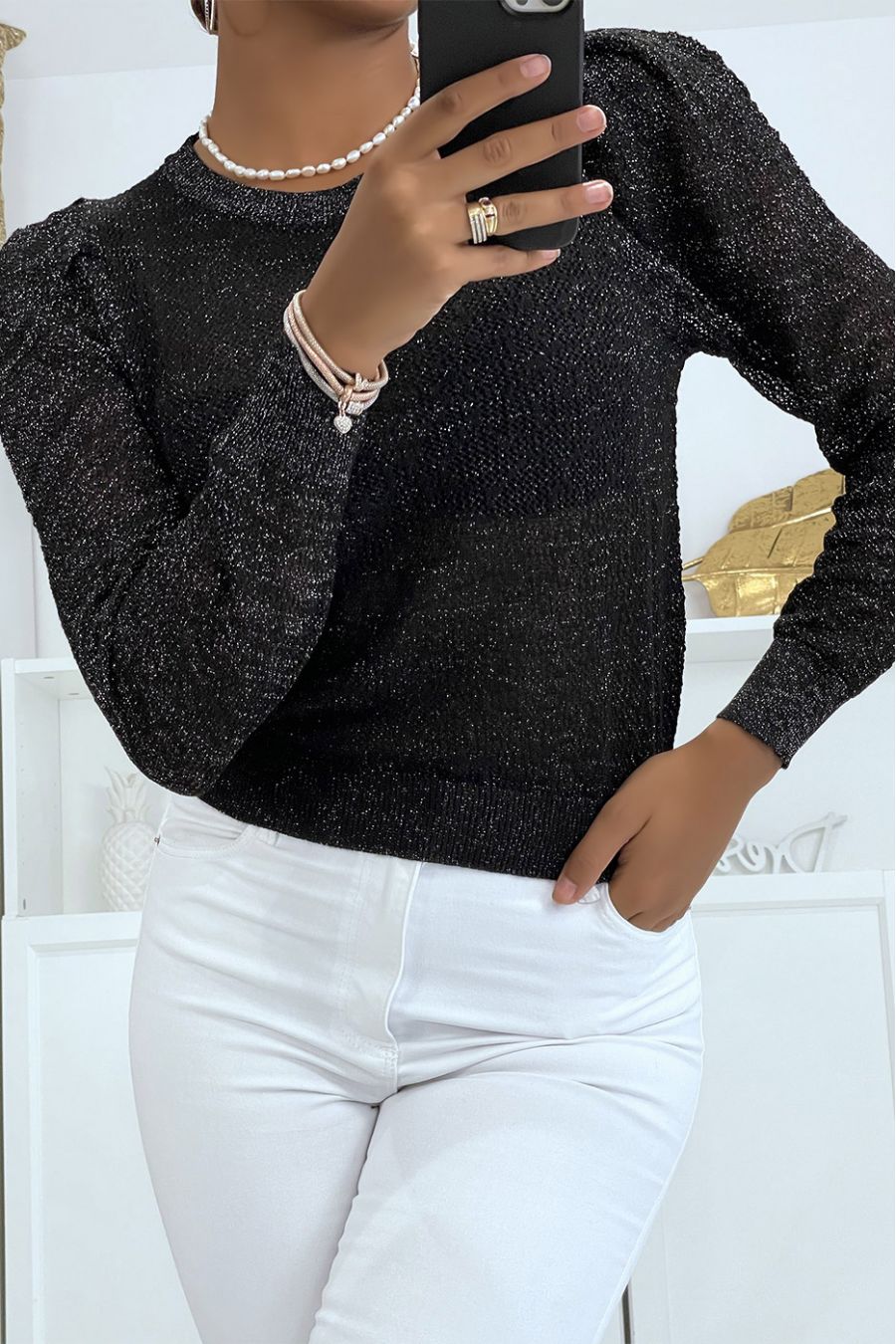 Pull jacquard noir fil doré