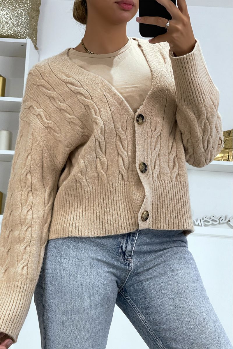 Classic beige cropped cable knit cardigan - 5