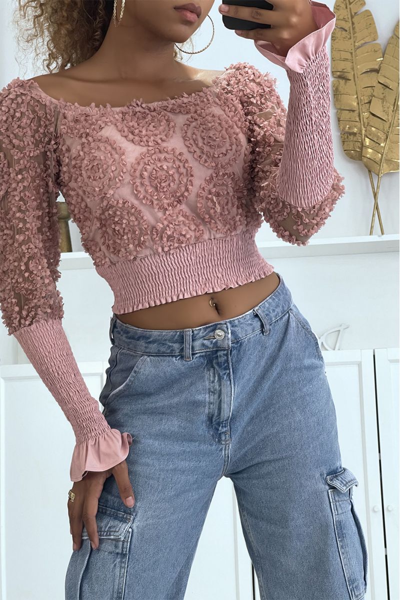 Long-sleeved pink frilly crop top - 1