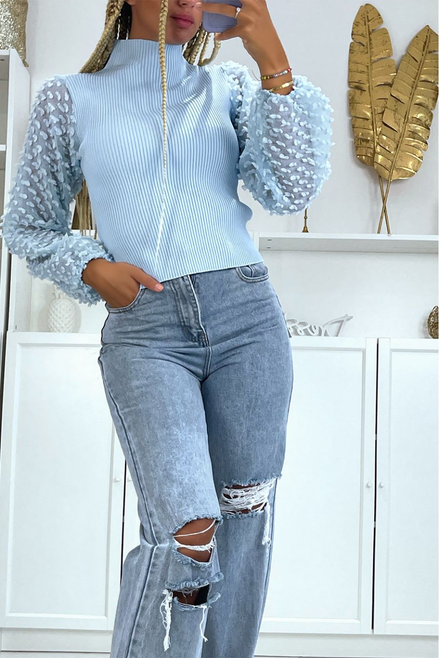 Blauwe tule mouwtop voor dames - 3