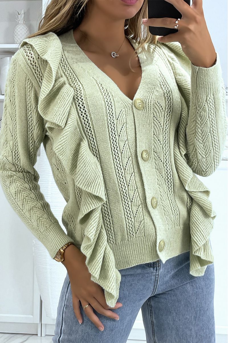 Very chic green fluffy cardigan with ruffle - 1