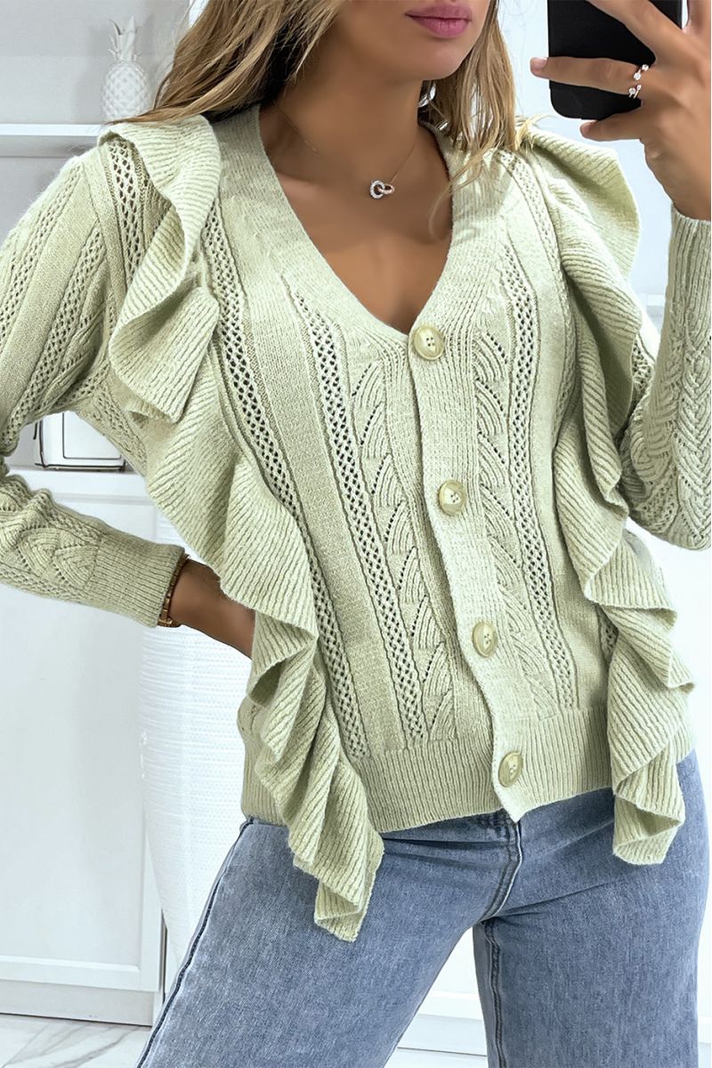 Very chic green fluffy cardigan with ruffle - 2