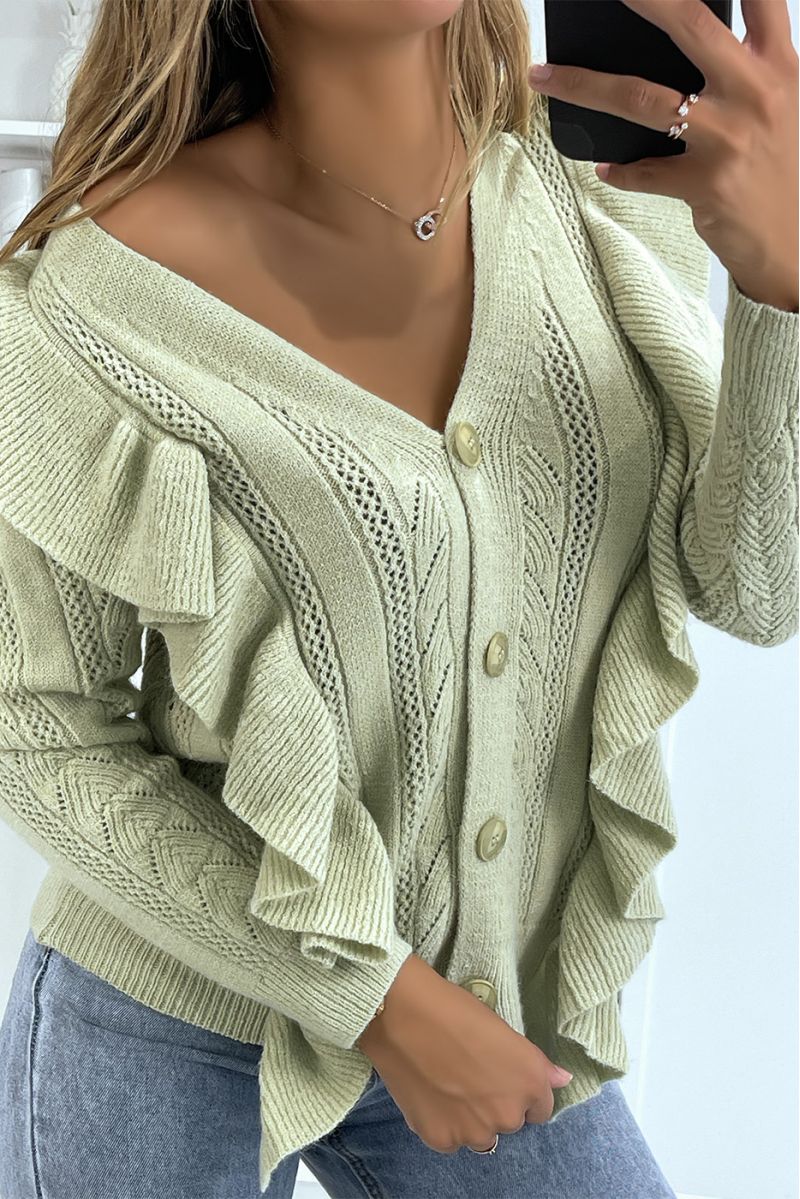 Very chic green fluffy cardigan with ruffle - 3
