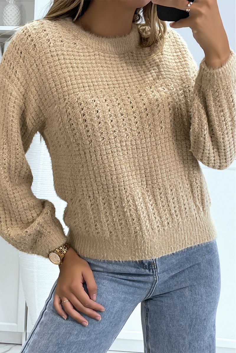 Beige sweater with a soft puffed effect - 1