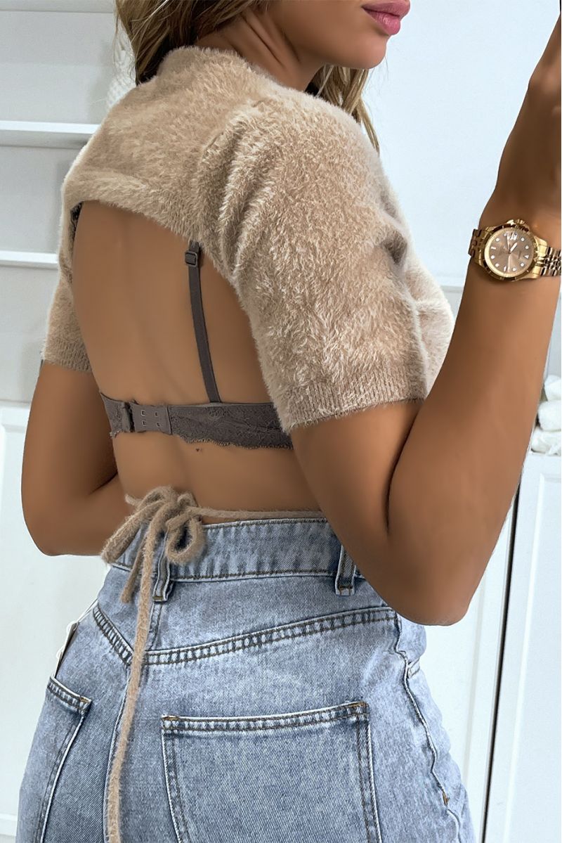 Open back taupe fluffy fabric T-shirt - 8