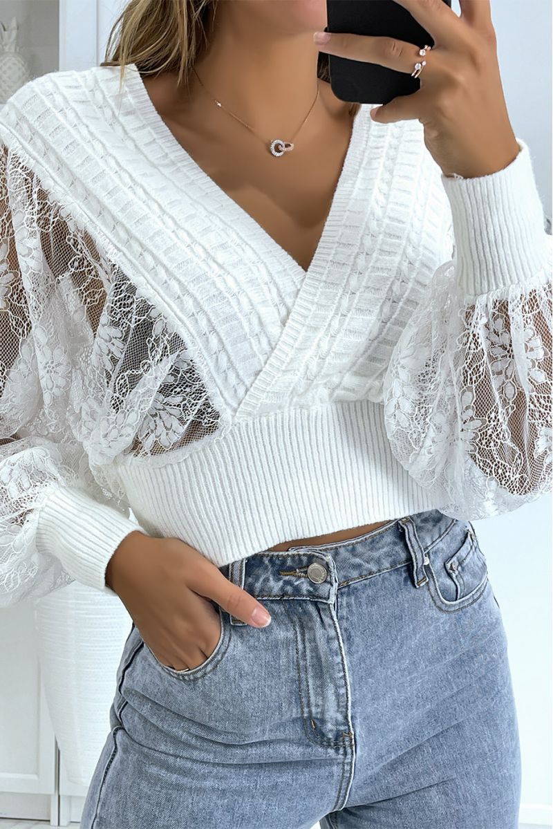 White cropped wrap sweater with puffed lace sleeves - 1