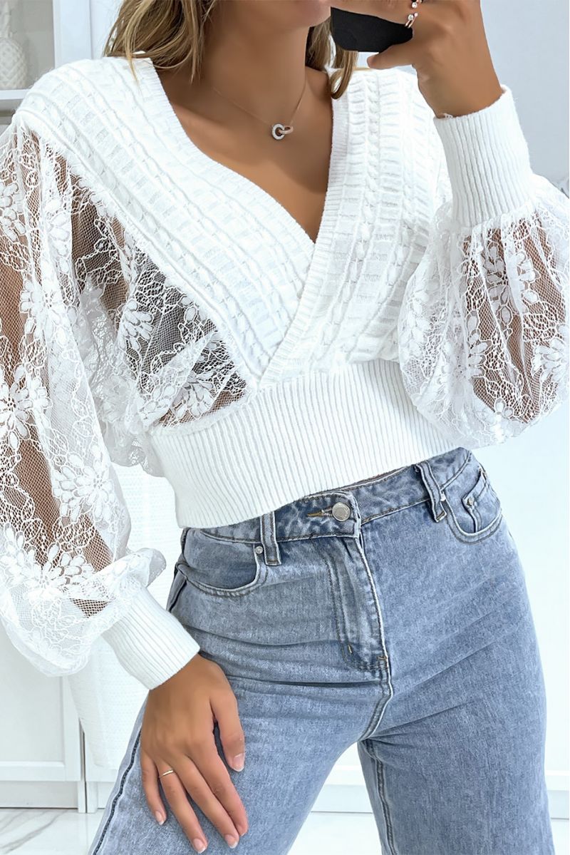 White cropped wrap sweater with puffed lace sleeves - 2