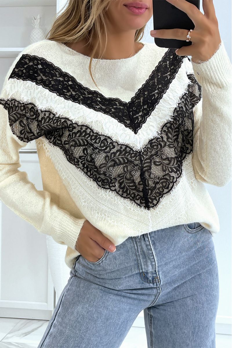 Soft beige sweater with round neck and lace pattern - 1