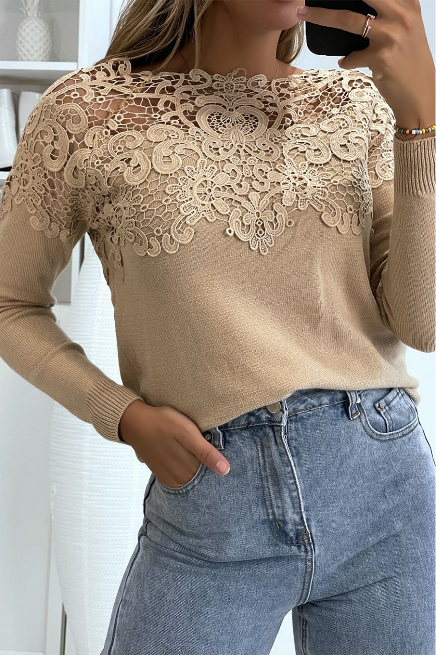 Pull taupe avec dentelle femme - 1