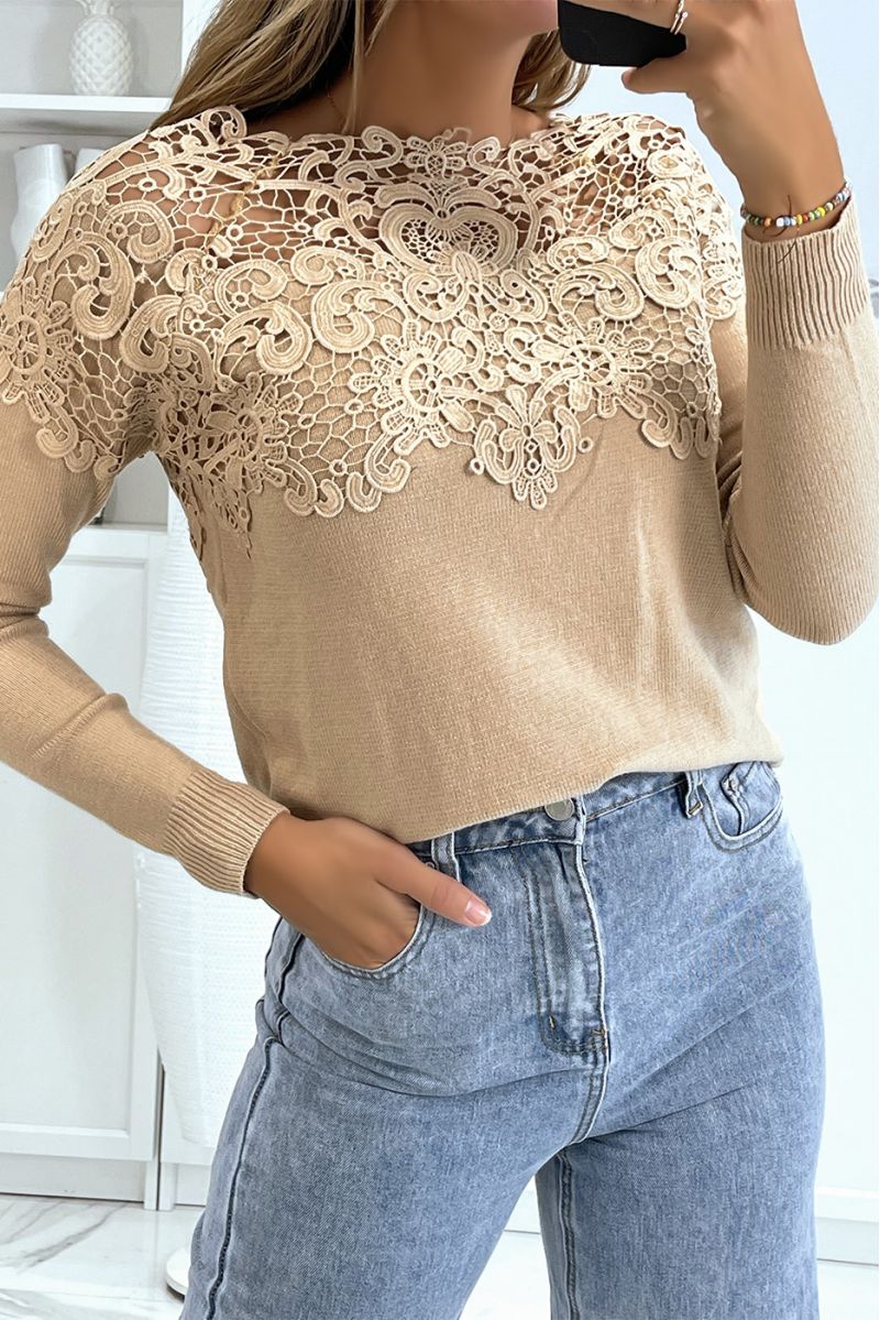 Women's taupe sweater with lace - 2