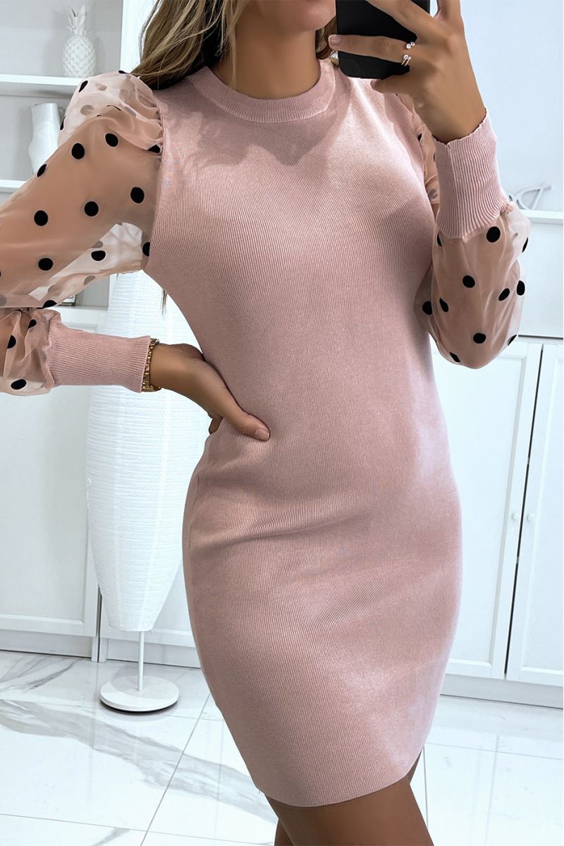 Pink sweater dress with puffed plumetis sleeves - 2