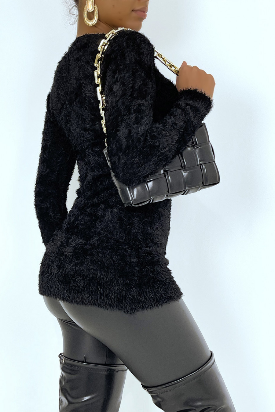 Long black fluffy tight-fitting sweater - 13