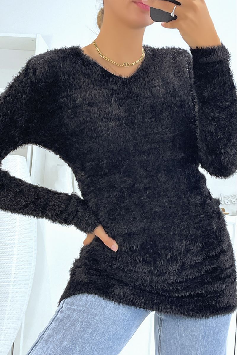 Long black fluffy tight-fitting sweater - 2