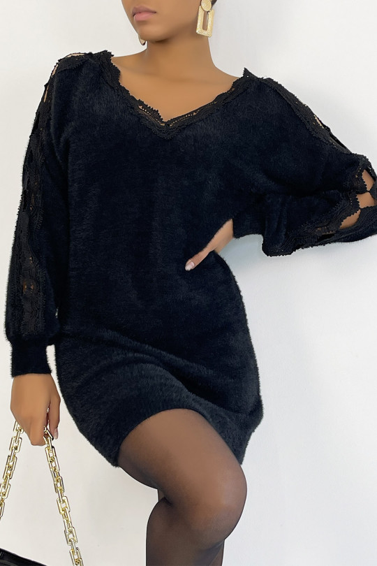 Very soft long black V-neck sweater with openwork along the arms - 6