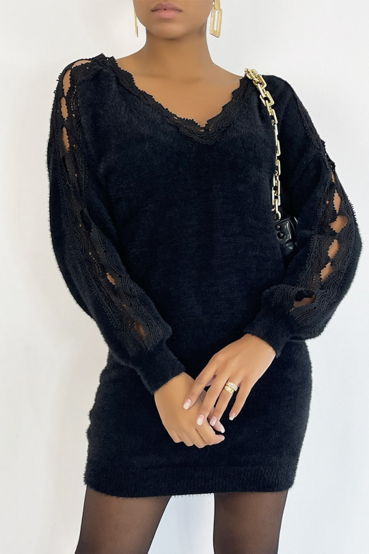 Very soft long black V-neck sweater with openwork along the arms - 8