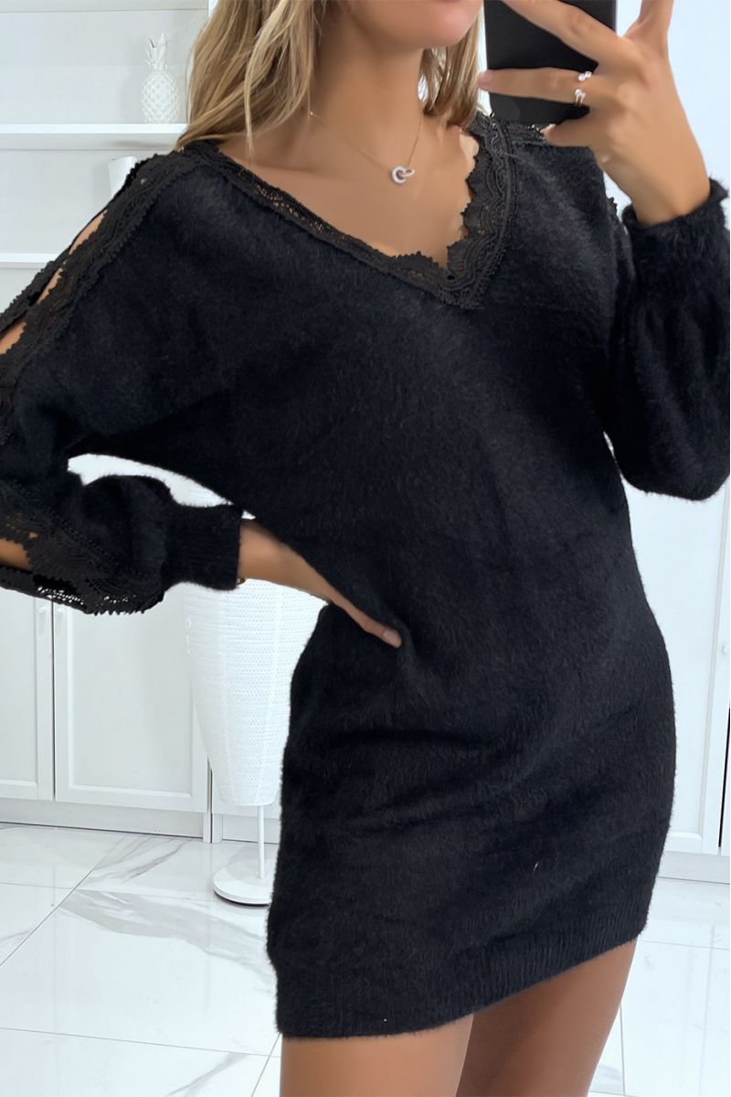 Very soft long black V-neck sweater with openwork along the arms - 4