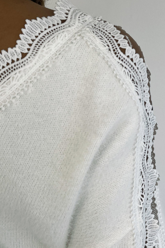Soft long white V-neck sweater with openwork along the arms - 14