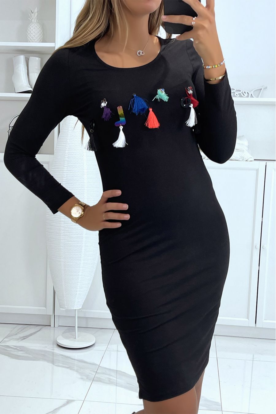 Black tube dress with long sleeve, pompom and fashion rhinestones. - 3