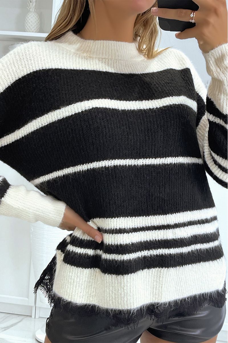 Classic black striped sweater with lace details - 2