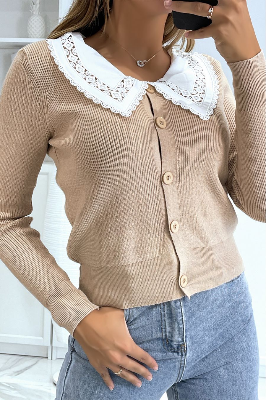 Gilet beige à col Claudine - 1