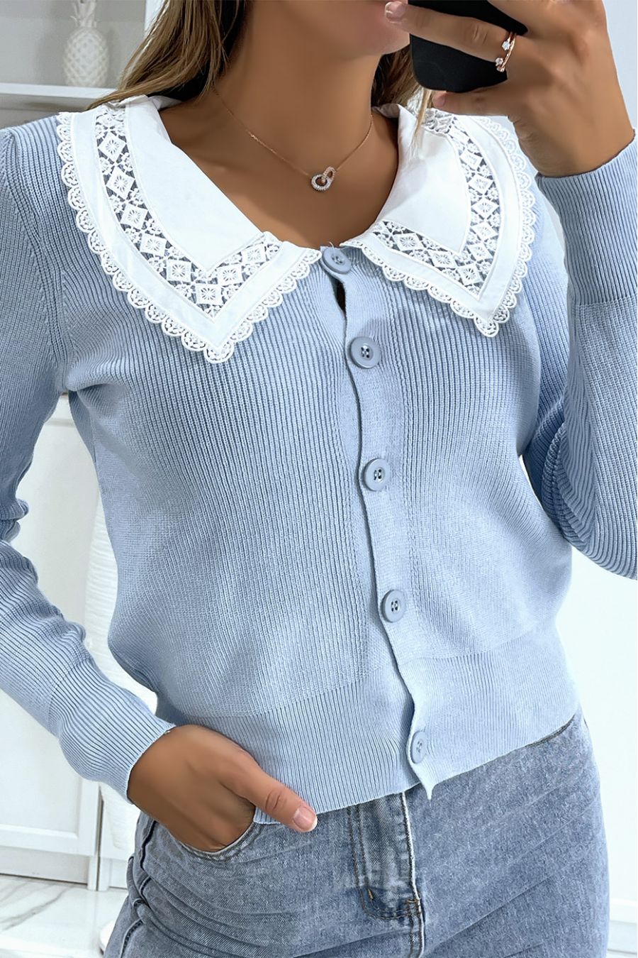 Blue cardigan with Peter Pan collar - 3