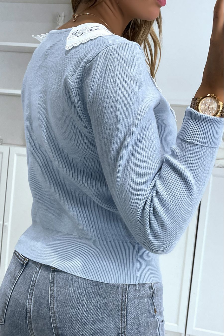 Blue cardigan with Peter Pan collar - 4