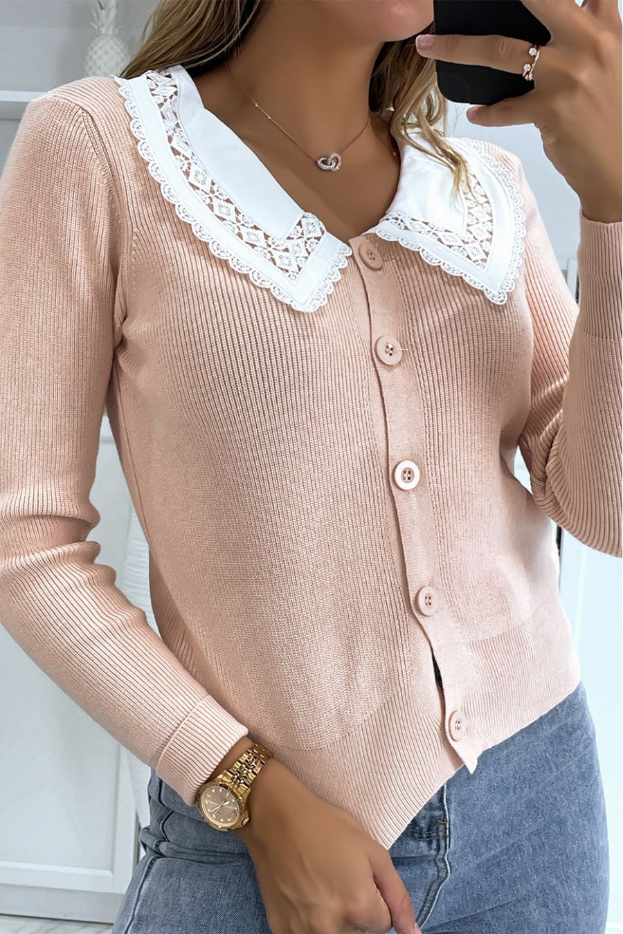 Pink cardigan with Peter Pan collar - 1